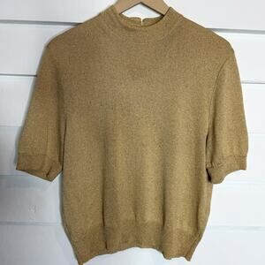 ST. JOHN Gold Metallic Knit Mock Neck Puff Short Sleeve Sweater Small